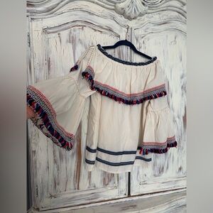 Elegant Off-Shoulder CELIA DRAGOUNI Cream Blouse with Colorful Trim💙💗❤️